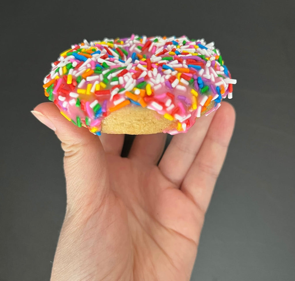 Hand holding delicious sprinkles donut; plant-based donut. Better Batter Cookie Co. Whitby